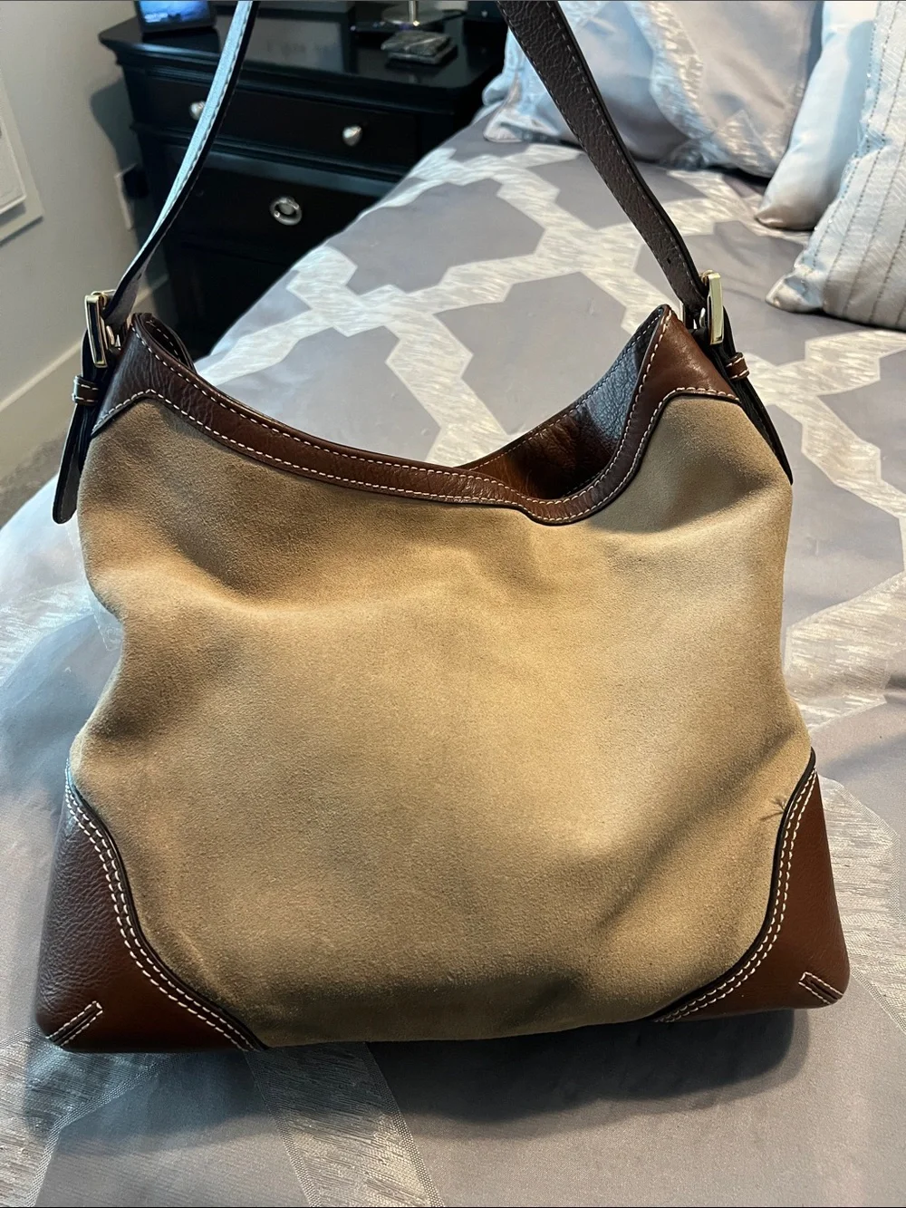 Michael Kors Tan Suede and Brown Leather Hobo Shoulder Bag